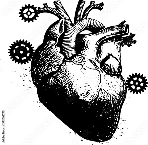 High contrast anatomical heart with visible gears and cogs for poster design and steampunk tattoo background