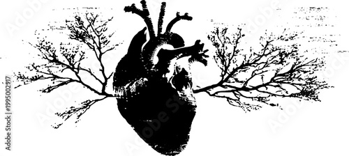 Anatomical heart with tree branches high contrast black and white for poster background and tattoo design