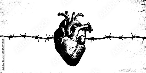Anatomical heart wrapped with barbed wire high contrast black and white graphic for poster and tattoo design