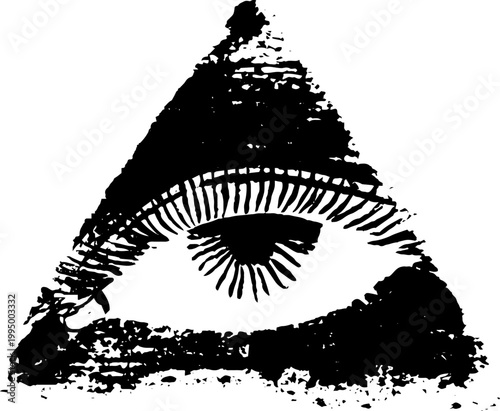 High contrast black and white ink drawing of an all seeing eye inside a triangle for symbol and poster design