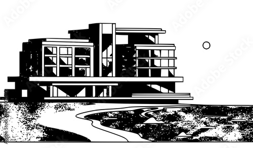 Coastal hotel and beach summer vacation resort vector illustration