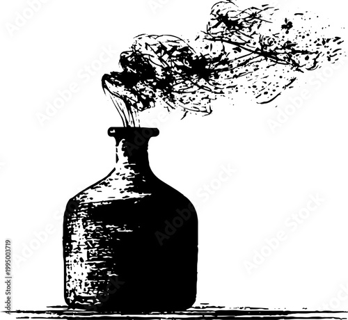 Alchemy bottle with swirling smoke in high contrast black and white ink for mystical background and poster design