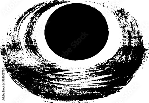 Black circle with textured ink brush ring in high contrast black and white for grunge background and poster design