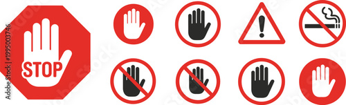 Alert Red Stop Sign Icon Set Featuring Hand Symbol, Warning, Attention, Prohibition and Danger Vector Illustrations for Road Safety, Traffic Signage and Emergency Alert Graphics