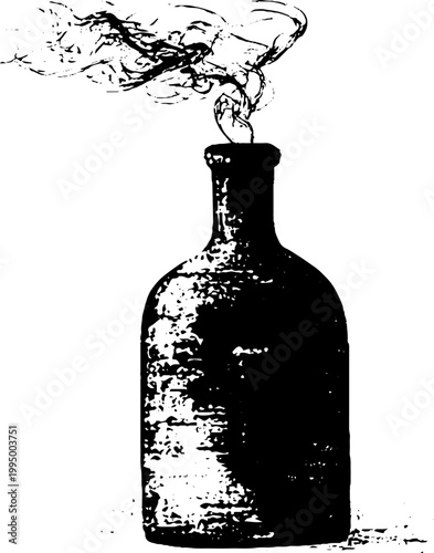 Tall ink bottle with swirling smoke high contrast black and white traced illustration for poster and background design