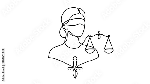 Continuous single line drawing of Lady Justice with scales and sword.