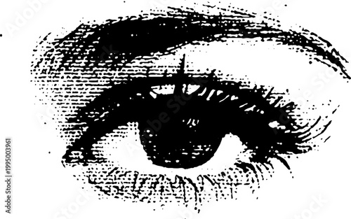 Abstract black and white eye glyph with high contrast ink texture for background poster and graphic design use