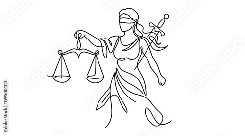 Continuous one line drawing of Themis lady justice holding scales and sword.
