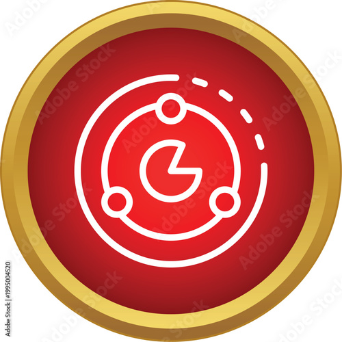 Atom structure with orbiting electrons in a flat style red and gold button