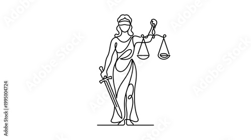 Continuous line drawing of Lady Justice with scales and sword.