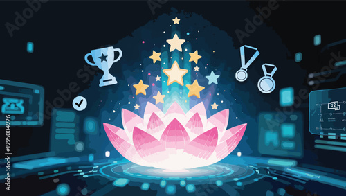 Glowing pink lotus flower surrounded by stars trophies and medals on a futuristic digital background.