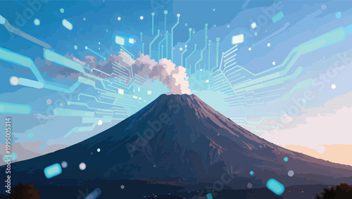 Majestic volcano erupting with digital circuit patterns and glowing particles against a bright sky eruption.