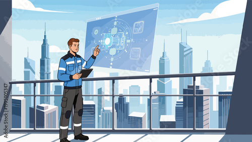Man in Work Clothes Interacting with a Futuristic Holographic Display Overlooking a City person worker.
