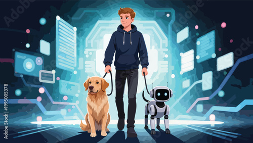 Man walks a golden retriever and a small robot dog on leashes against a futuristic digital background.