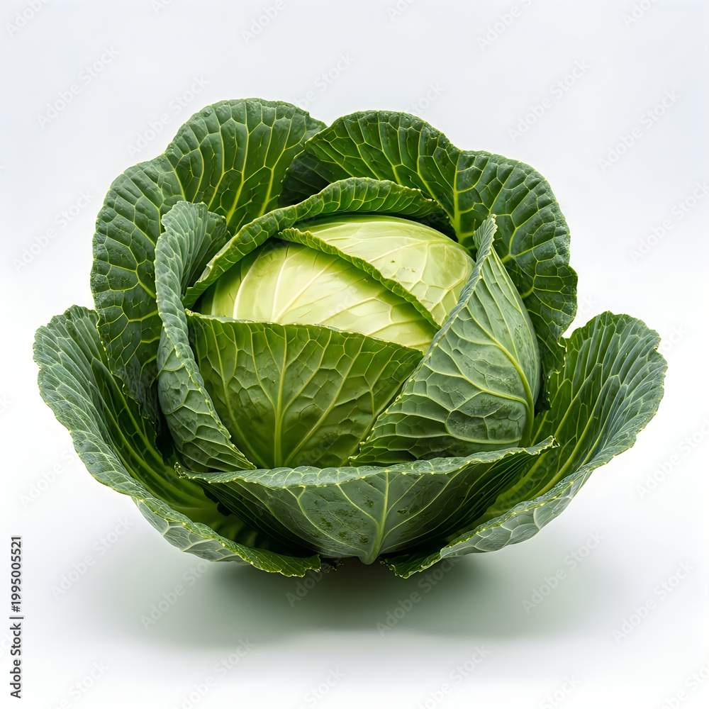 Fototapeta premium Fresh green cabbage with tightly wrapped leaves isolated on white background