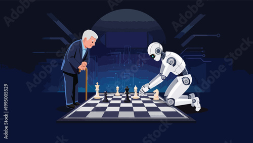 Old man and robot playing chess in a futuristic setting senior android.