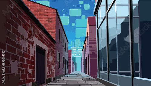 Narrow city street with brick and glass buildings under a blue sky with digital elements alley urban.