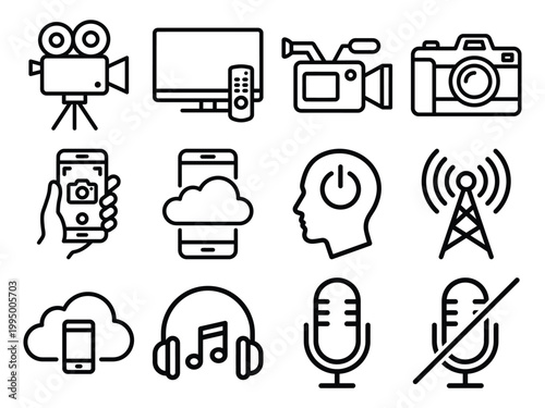 Technology and media icons including cameras phones audio devices with camera recorder remote control power button
