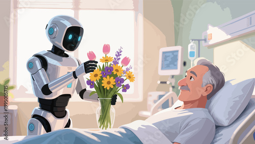 Robot caregiver brings flowers to an elderly man in a hospital bed android healthcare.