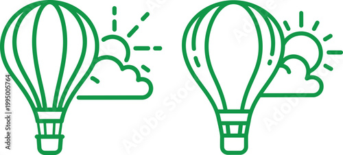 Pair of green outline hot air balloons flying in sunny sky with clouds transport illustration adventure recreation activity aerostat