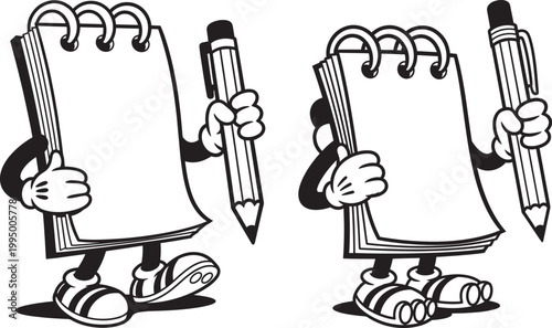 Cartoon notebook and pencil characters holding writing tools in black and white with notebook character education creative illustration learning