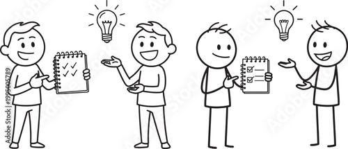 Cartoon illustration of people brainstorming ideas and making lists with task management problem solving brainstorming checklist clipboard