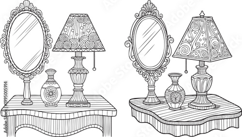 Vintage vanity table with decorative lamps and mirrors dressing table home decor hand drawn black and white perfume bottle decorative interior