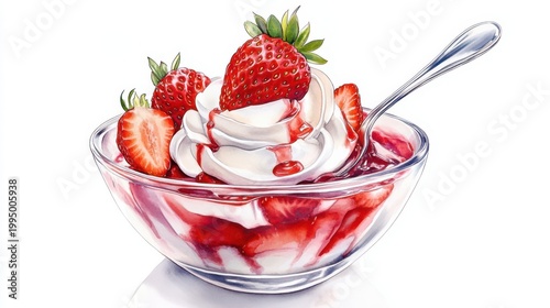 Watercolor illustration of a strawberry sundae in a glass bowl, topped with fresh ripe berries, whipped cream, and sweet sauce, with a spoon.