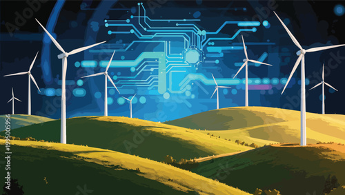 Rolling hills with wind turbines and digital circuit pattern in the sky landscape green.