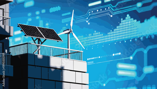 Rooftop solar panels and wind turbine with digital network overlay renewable energy sustainable.