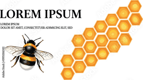 Realistic Bumblebee with Honeycomb and Bright Yellow Hexagons for Nature, Pollination, and Organic Food Designs