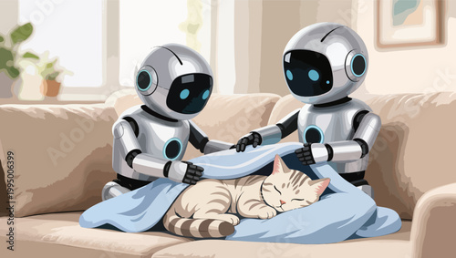 Two friendly robots tucking a sleeping cat into a blanket on a couch vector illustration.