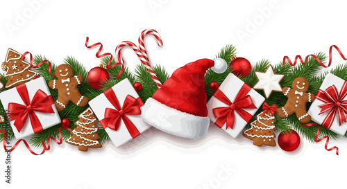 Christmas border with Santa hat and gift boxes, festive holiday garland with gingerbread cookies and pine branches, winter celebration vector header