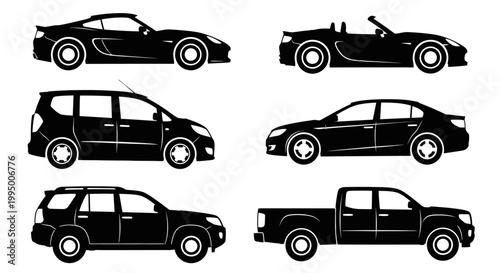 Black car silhouette set of 6 vehicle types, automotive transport icons including sedan and suv, modern pickup truck and sports car vector graphics