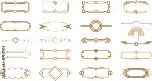 Gold Art Deco Borders Set Featuring Ornamental Page Dividers, Elegant Headers and Calligraphic Flourishes in 1920s Vintage Style for Invitations, Stationery and Editorial Design Projects