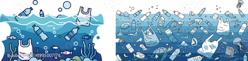 Ocean plastic pollution vector illustration, underwater sea waste and garbage floating in blue water, environmental ecological disaster background