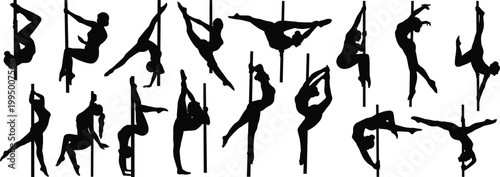 Set of pole dancer silhouettes, gymnastic and fitness dance poses, female acrobatic performers isolated on white background.