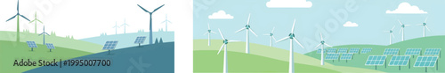 Renewable energy landscape banners with wind turbines and solar panels, sustainable green power farm vector, eco friendly electricity generation