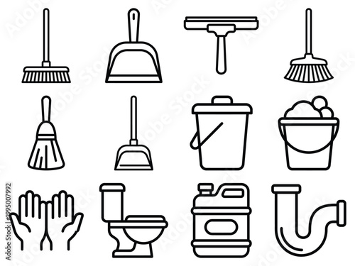 Cleaning tools icons: broom dustpan squeegee brush bucket trash can toilet cleaning fluid pipe gloves housekeeping