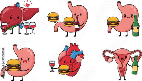 Unhealthy lifestyle organs vector illustration with liver, stomach and heart characters, alcohol and junk food effects, medical cartoon concept isolated on white background