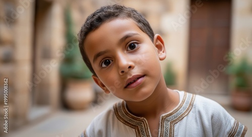Amazigh young boy, Morocco, wearing traditional cotton tunic, curious and alert portrait