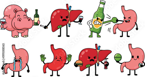 Unhealthy lifestyle organs vector illustration set with liver and stomach characters, alcohol and junk food effects concept, medical cartoon design isolated on white background