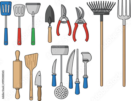 Kitchen and gardening tools vector illustration set with spatulas, knives, rake and pliers, household equipment collection isolated on white background