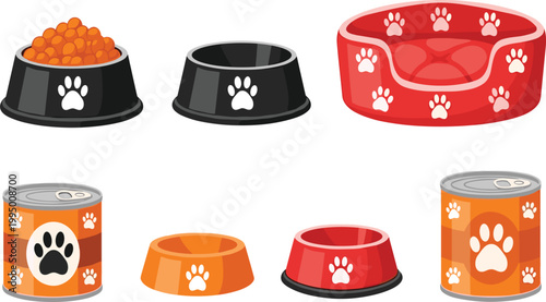 Pet feeding accessories vector illustration set with dog bowls, food cans and bed, animal care products collection isolated on white background