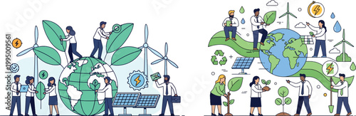 Sustainable green energy concept with business people, renewable ecology power vector illustration, environmental protection and global warming solution