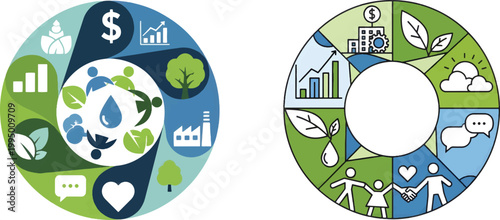 Sustainable development circular infographics, ESG business icons set, environmental social and corporate governance vector illustrations in green and blue