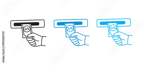 ATM cash deposit silhouette, hands inserting money, financial transaction illustration, banking concept, repeated pattern design, minimal vector