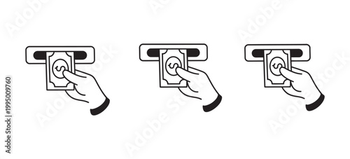 ATM cash deposit silhouette, hands inserting money, financial transaction illustration, banking concept, repeated pattern design, minimal vector