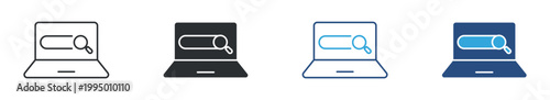 Online Search icon set. Laptop with search bar and magnifier, web browsing and information lookup concept, digital search engine symbol, vector illustration