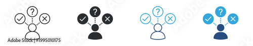 Decision Making icon set. User with check, cross and question icons, problem solving and choice selection concept, thinking process and evaluation symbol, vector illustration